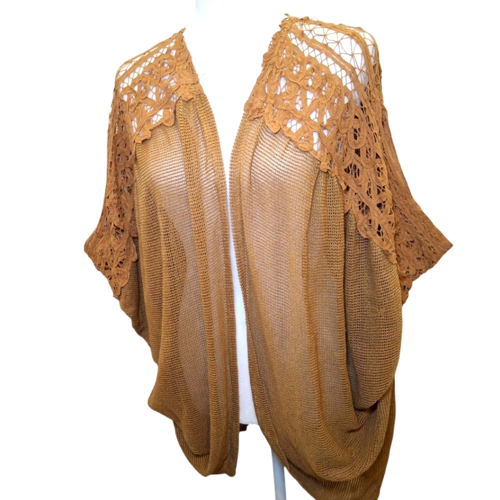 Open-Front Crochet Shoulder Knit Cardigan - Tan - Picture 3 of 9